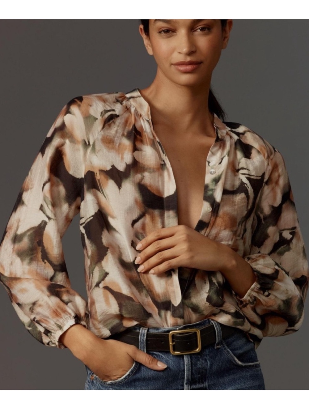 Cloth & Stone Long Sleeve Peasant Henley Top Small Tencel Blend Anthropologie